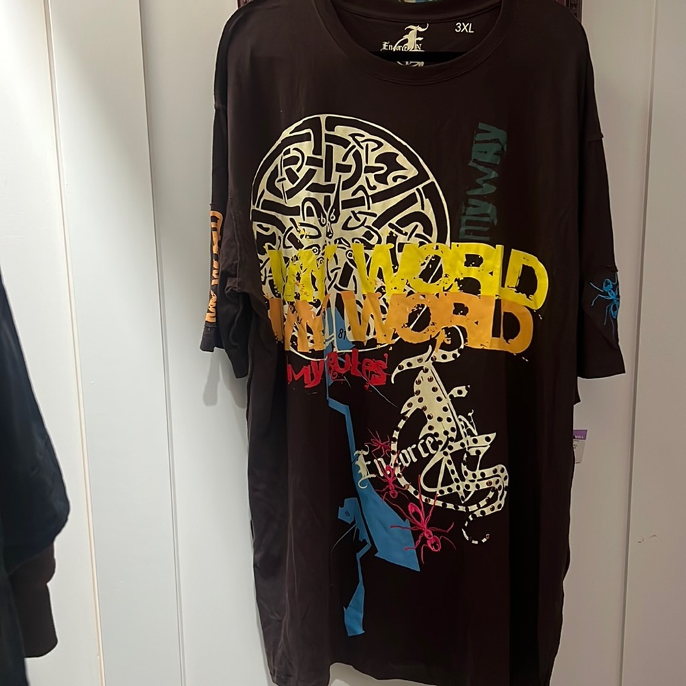 Super dope patchwork My World T shirt with embroidery and graffiti design